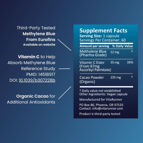 Cellular Energy Support Supplement with Methylene Blue & Vitamin C for Cognitive Wellness & Daily Vitality | Pharmaceutical Grade Capsules (12mg, 60 Count)