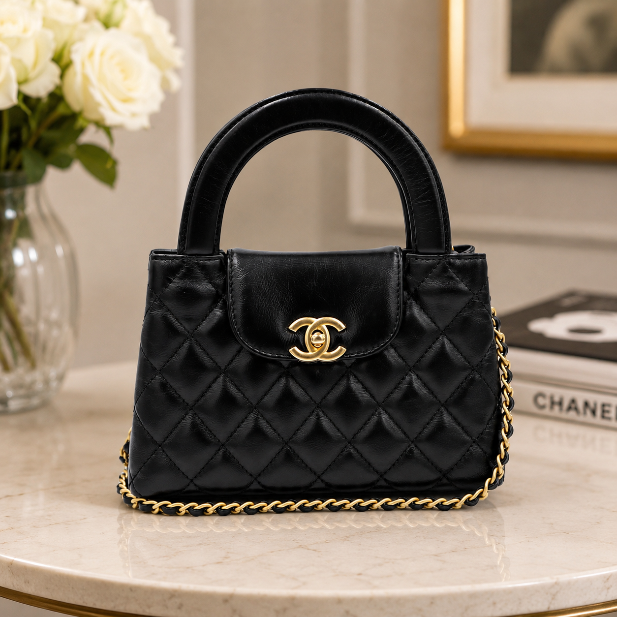CHANEL AS4416 Mini Matelasse Chain Shopping Bag Calfskin, Black
